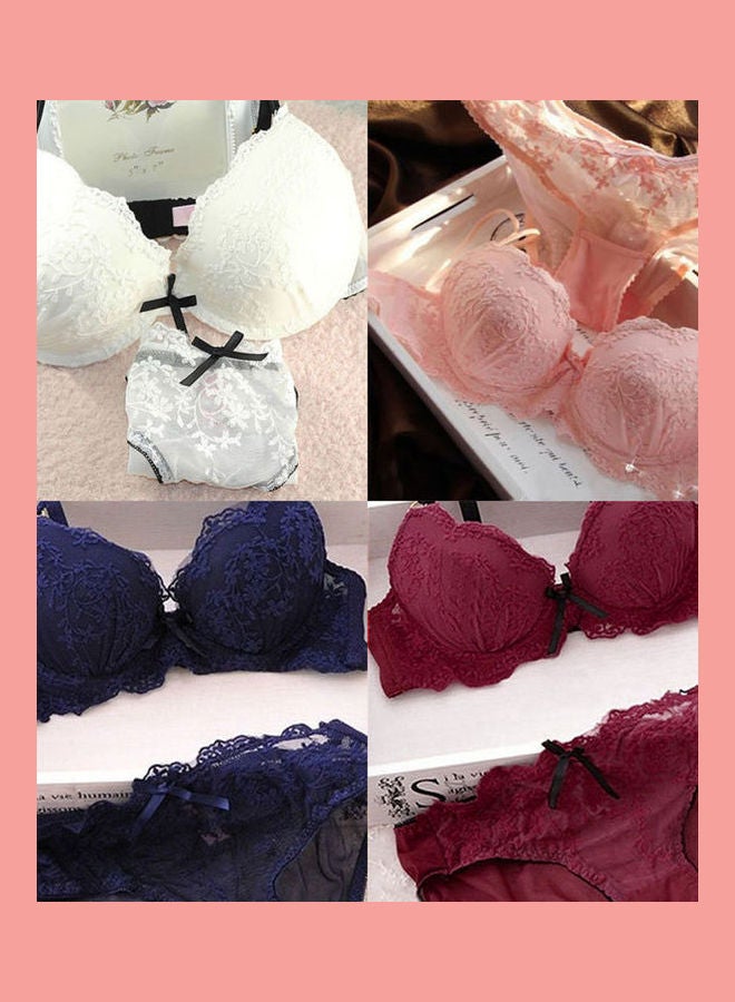 Women Lace Flower Embroider Bow Decor Push Up Bra Set Knickers Underwear White  - Image 2