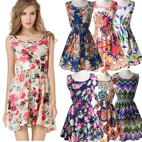 Women Summer Bohemian Floral Sleeveless Vest Printed Beach Chiffon Party Dress Black  - Image 3