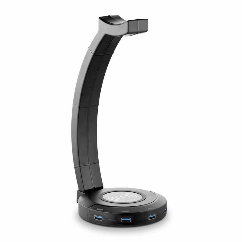 شاحن لاسلكي سريع متعدد الوظائف بمخرج USB 3.0 بقدرة 18 واط و4 منافذ USB بقدرة 10 واط مع حامل سماعة رأس LED أسود - Image 1