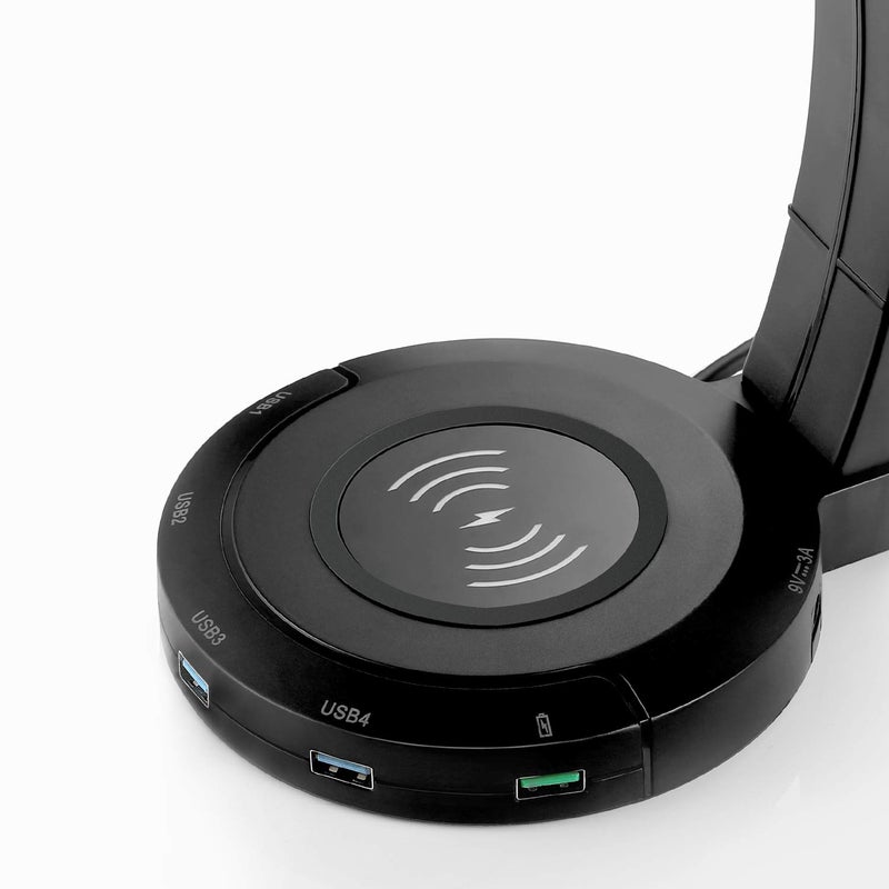 شاحن لاسلكي سريع متعدد الوظائف بمخرج USB 3.0 بقدرة 18 واط و4 منافذ USB بقدرة 10 واط مع حامل سماعة رأس LED أسود - Image 2