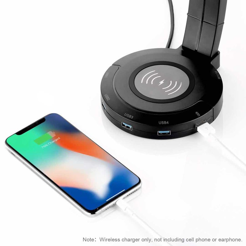 شاحن لاسلكي سريع متعدد الوظائف بمخرج USB 3.0 بقدرة 18 واط و4 منافذ USB بقدرة 10 واط مع حامل سماعة رأس LED أسود - Image 5