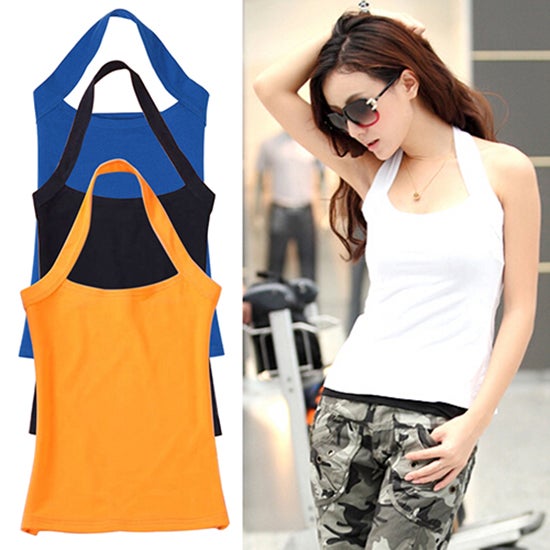 Women's Fashion Cotton Tank Tops Cami Sleeveless Backless T-Shirt Blouse Orange  - Image 3