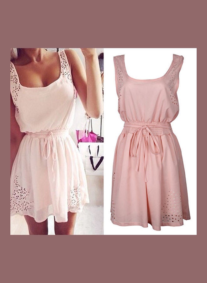 Women's Fashion Summer Sleeveless Waist Belt Strap Hollow Beach Party Dress Pink - Image 1
