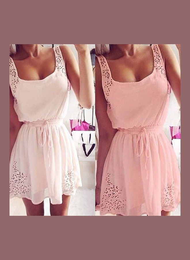 Women's Fashion Summer Sleeveless Waist Belt Strap Hollow Beach Party Dress Pink - Image 2
