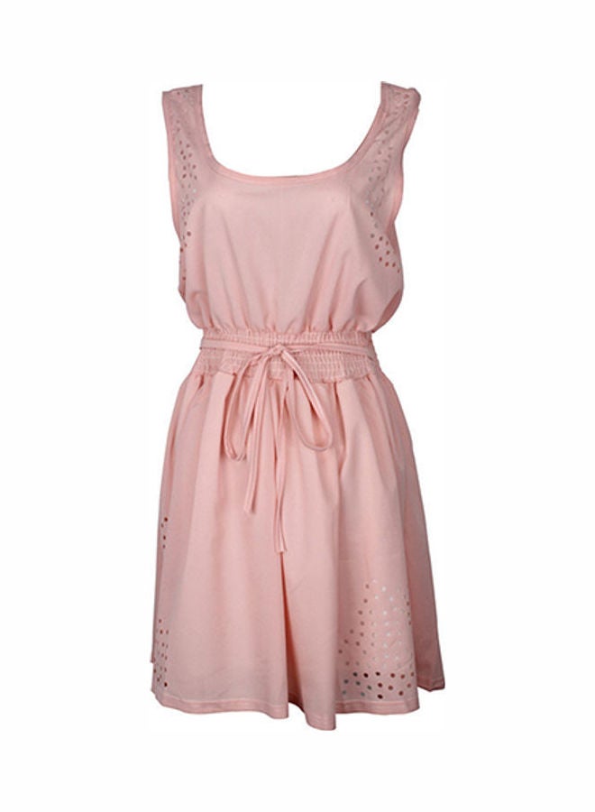 Women's Fashion Summer Sleeveless Waist Belt Strap Hollow Beach Party Dress Pink - Image 4