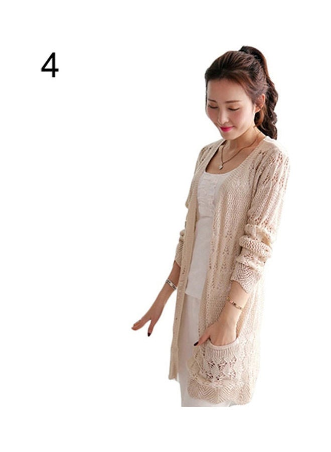 Women Koren Style Cardigan Knitwear Hollow Long Sleeve Casual Outwear Tops Beige  - Image 1