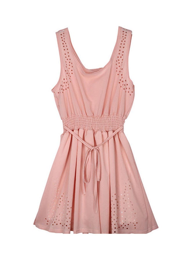 Women's Fashion Summer Sleeveless Waist Belt Strap Hollow Beach Party Dress Pink - Image 5