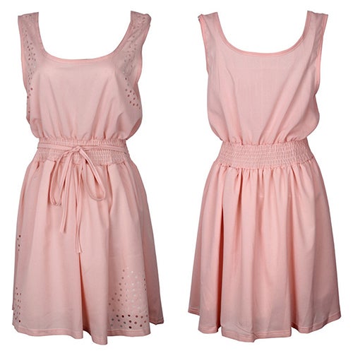 Women's Fashion Summer Sleeveless Waist Belt Strap Hollow Beach Party Dress Pink - Image 3