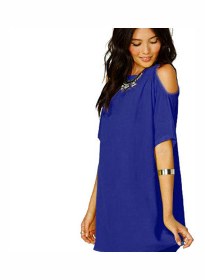 Women's Fashion Summer Off Shoulder Chiffon Short Sleeve T-Shirt Tops Mini Dress Royal Blue  - Image 1