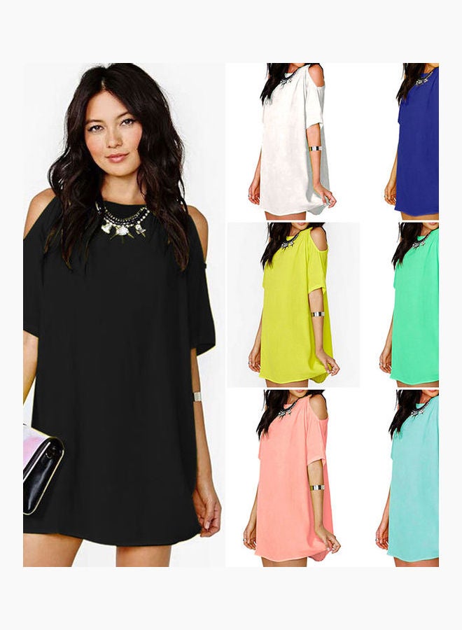 Women's Fashion Summer   Off Shoulder Chiffon Short Sleeve T-Shirt Tops Mini Dress Yellow  - Image 2