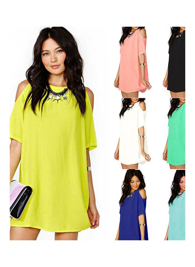 Women's Fashion Summer   Off Shoulder Chiffon Short Sleeve T-Shirt Tops Mini Dress Yellow  - Image 3