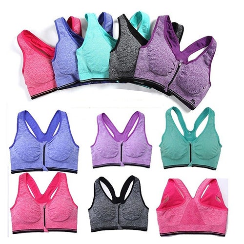 Women Sport Bra Zipper Stretch Running Gym Yoga Push Up Padded Fitness Tank Top Black  - Image 2