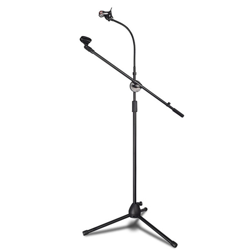 Height Angle Adjustable Floor-Standing Mic Tripod Stand With Mic-Clip And Phone Holder Black  - Image 2