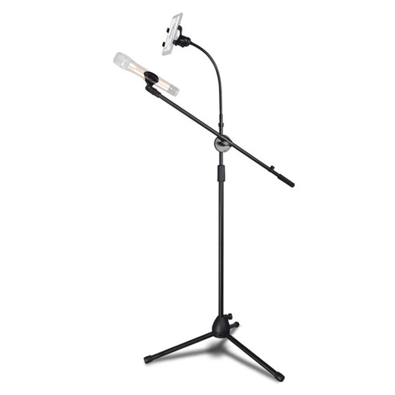 Height Angle Adjustable Floor-Standing Mic Tripod Stand With Mic-Clip And Phone Holder Black  - Image 5