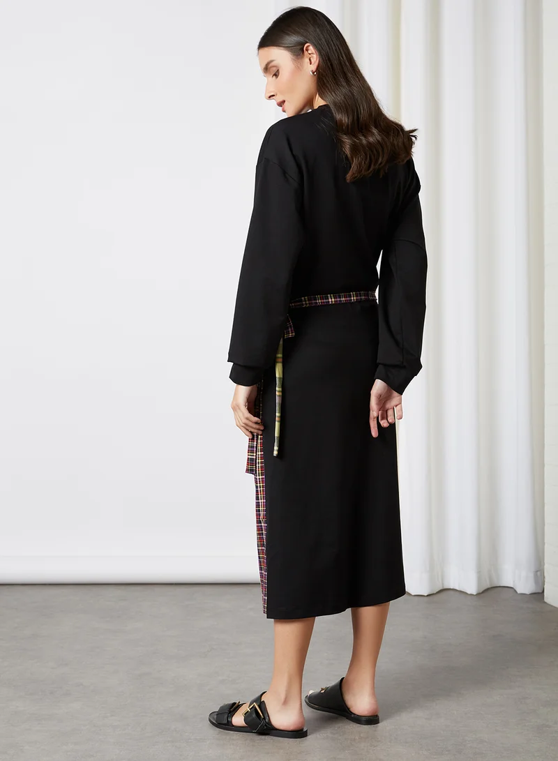 ELEGANZA Pleated Check Long Sleeve Midi Dress Black Check