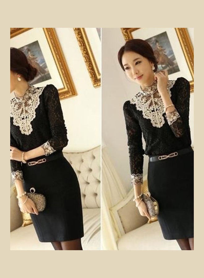 بلوزة دانتيل أنيقة وعصرية بأكمام طويلة بنمط كوري مرصع بحجر الراين للنساء بيج - Image 3