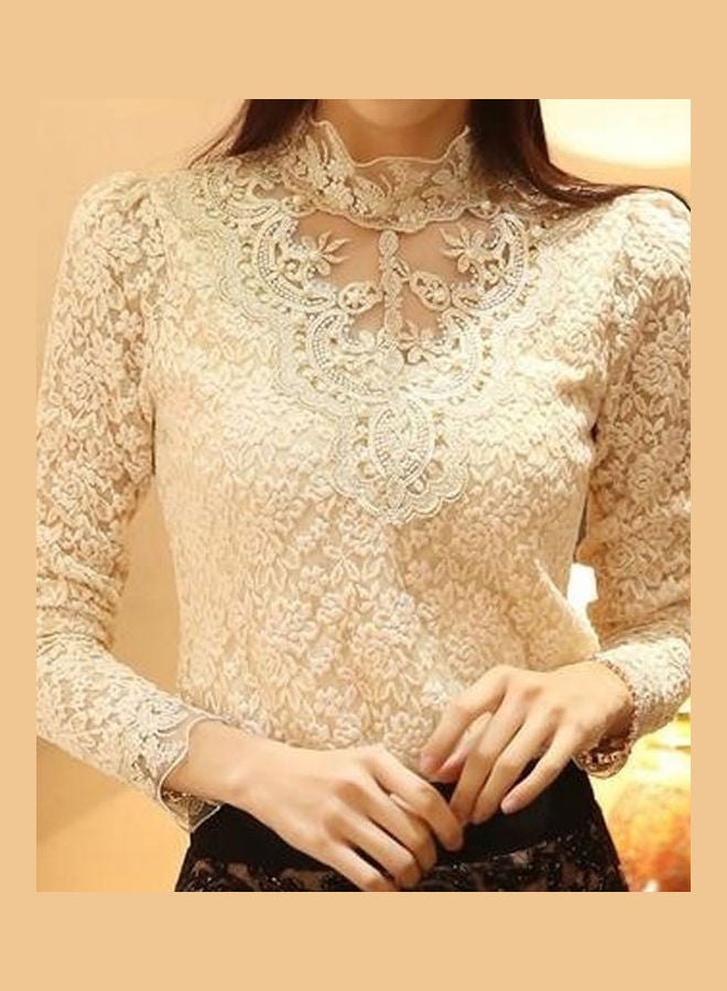 بلوزة دانتيل أنيقة وعصرية بأكمام طويلة بنمط كوري مرصع بحجر الراين للنساء بيج - Image 4