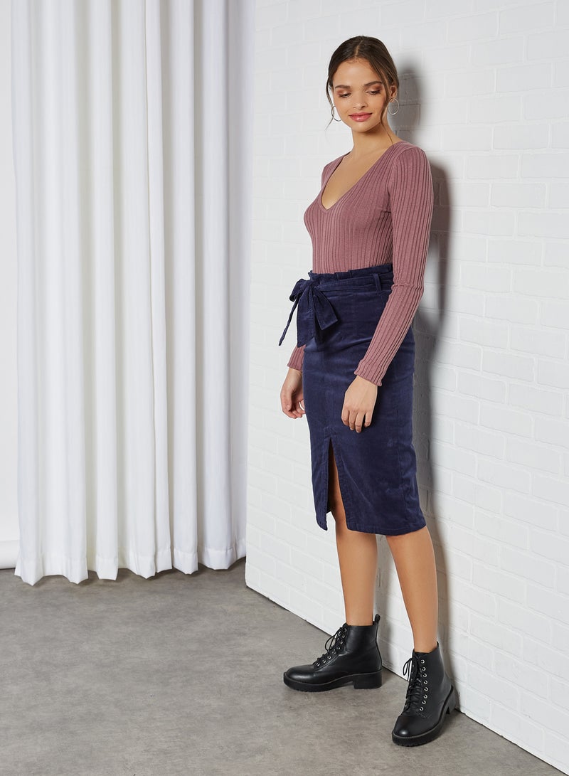 Generic Corduroy Paperbag Straight Midi Skirts Navy  - Image 3