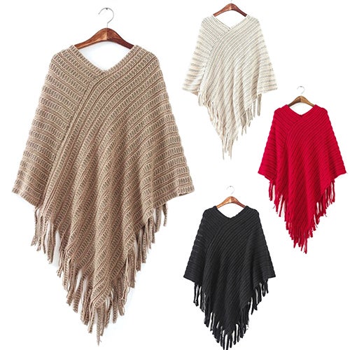 Women's Knit Batwing Cape Tassels Poncho Cloak Jacket Coat Outwear Beige - Image 2