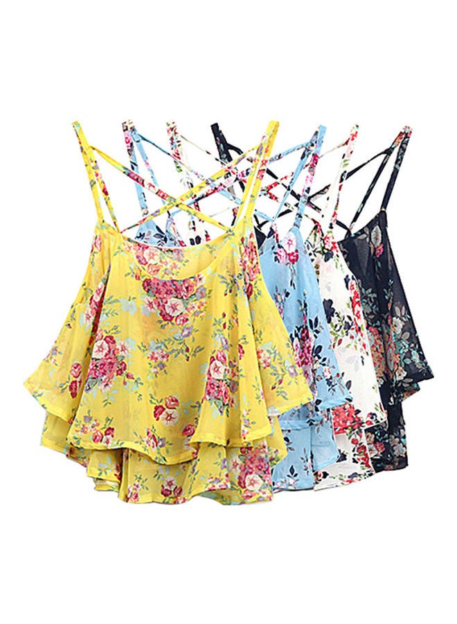 Generic - Women's Summer Spaghetti Strap Flower Print Chiffon Shirt Vest Blouses Crop Top Blue - Image 1