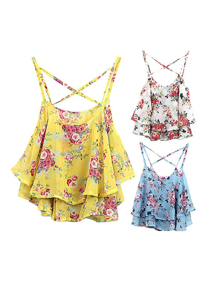 Generic - Women's Summer Spaghetti Strap Flower Print Chiffon Shirt Vest Blouses Crop Top Blue - Image 1
