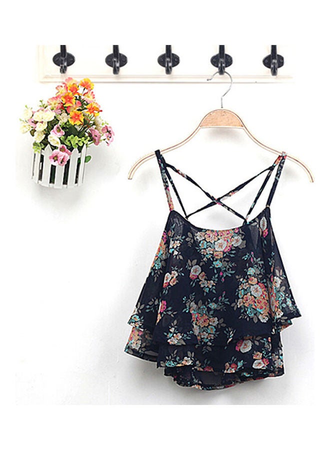 Generic - Women's Summer Spaghetti Strap Flower Print Chiffon Shirt Vest Blouses Crop Top Blue - Image 1