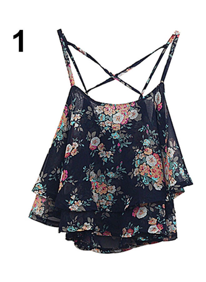 Women's Summer Spaghetti Strap Flower Print Chiffon Shirt Vest Blouses Crop Top Black  - Image 1