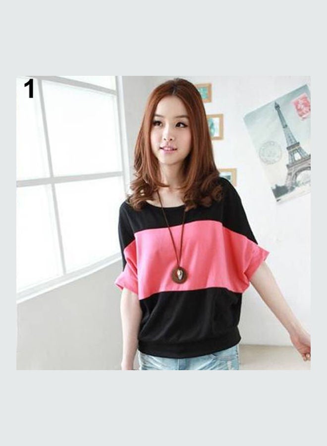Women Fashion Short Bat Wing Sleeve Loose T-shirt Blouse Colour Splicing Tee Shirt Black  - Image 1
