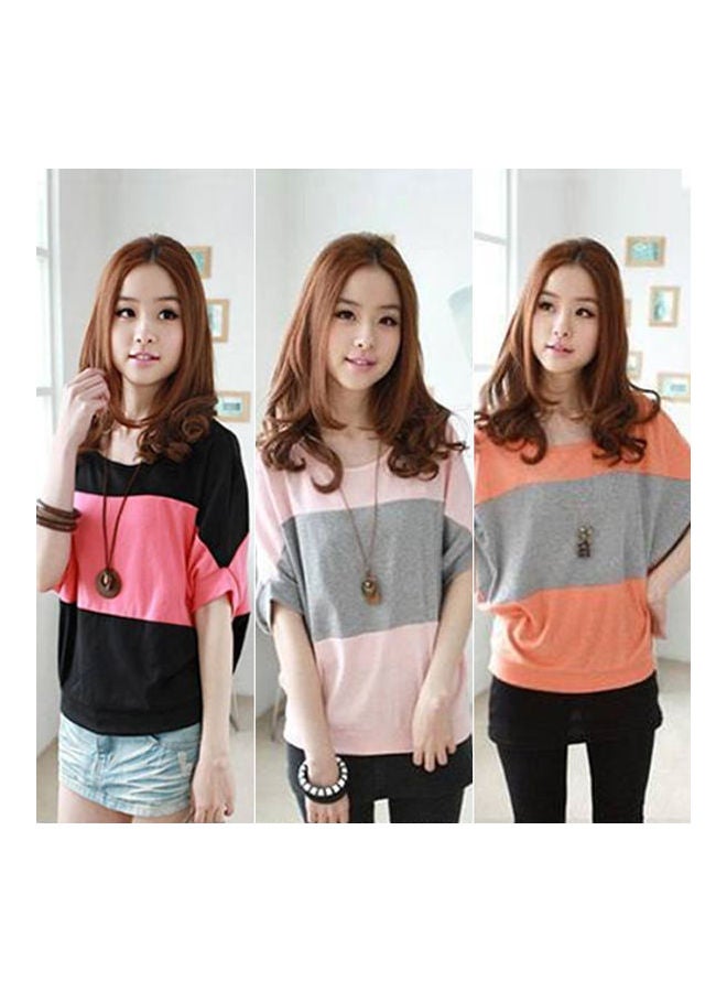 Women Fashion Short Bat Wing Sleeve Loose T-shirt Blouse Colour Splicing Tee Shirt Black  - Image 3