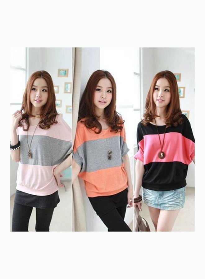Women Fashion Short Bat Wing Sleeve Loose T-shirt Blouse Colour Splicing Tee Shirt Black  - Image 4
