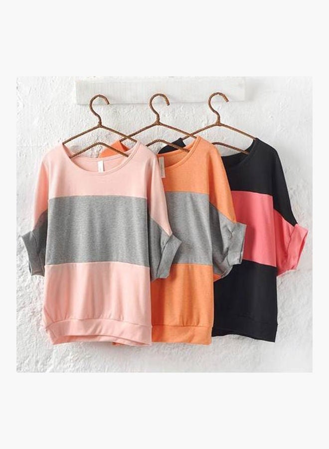 Women Fashion Short Bat Wing Sleeve Loose T-shirt Blouse Color Splicing Tee Shirt Orange  - Image 2