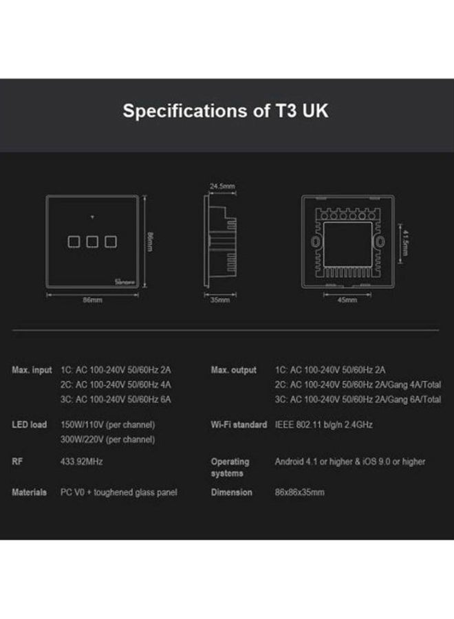SONOFF - T3UK1C-TX 86 3- Gang Way Smart WiFi Switch RF433 Remote Control Compatible with Alexa Google Home Black 10.2×10.2×4.6cm - Image 1