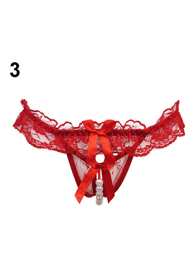 Women's Fashion Lace Bowknot Open Crotch Thong Red
