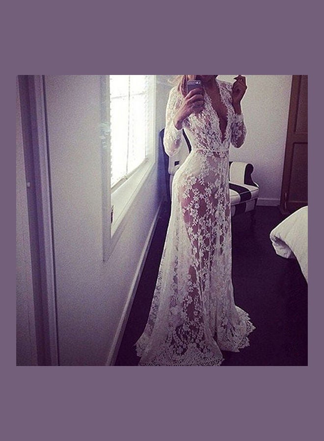 Women  Evening Party Ball Lace Gown Formal Bridesmaid Long Maxi Dress White  - Image 2