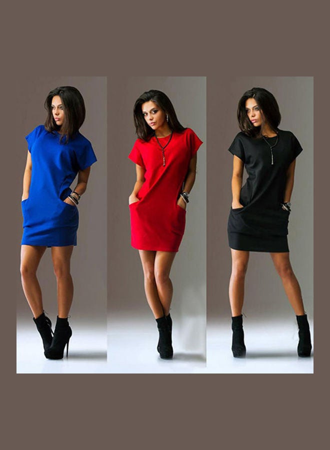 Women's Summer Casual Round Neck Short Sleeve Solid Pockets Mini Dress Black  - Image 1