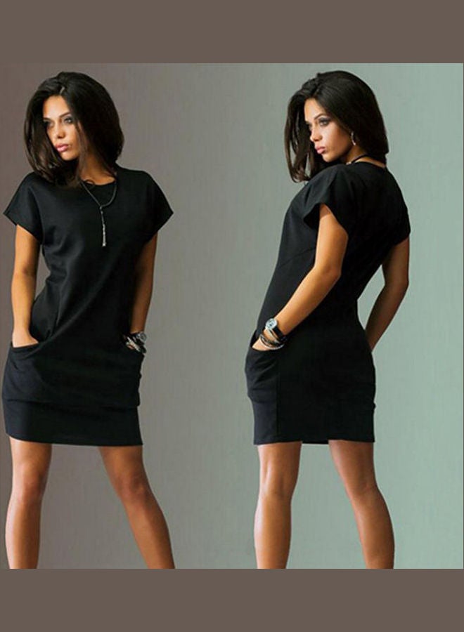 Women's Summer Casual Round Neck Short Sleeve Solid Pockets Mini Dress Black  - Image 4