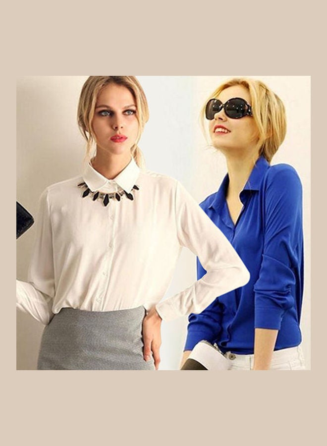 Women Fashion Work Wear Elegant Formal Office Blouse Plus Size Top Slim Shirt Blue  - Image 1