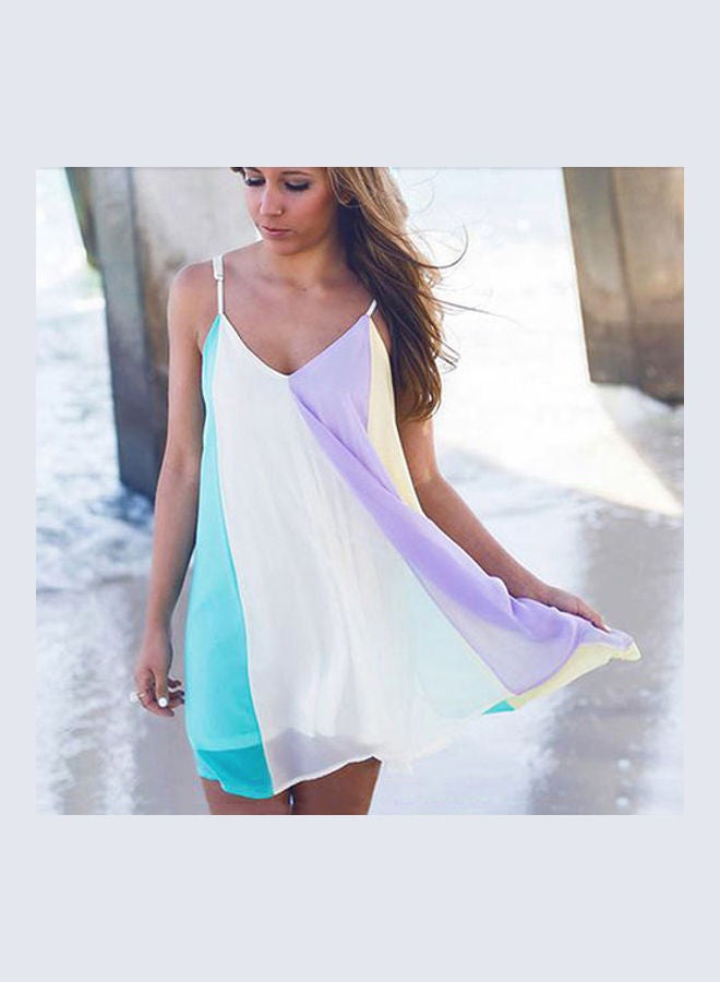Boho Women Spaghetti Strap Backless Rainbow Color Block Summer Beach Mini Dress Multicolor - Image 1
