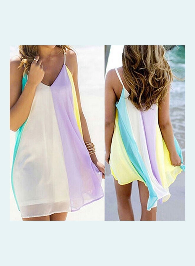 Boho Women Spaghetti Strap Backless Rainbow Color Block Summer Beach Mini Dress Multicolor - Image 2