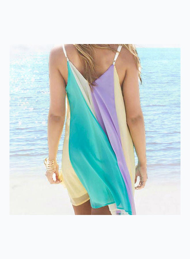 Boho Women Spaghetti Strap Backless Rainbow Color Block Summer Beach Mini Dress Multicolor - Image 3