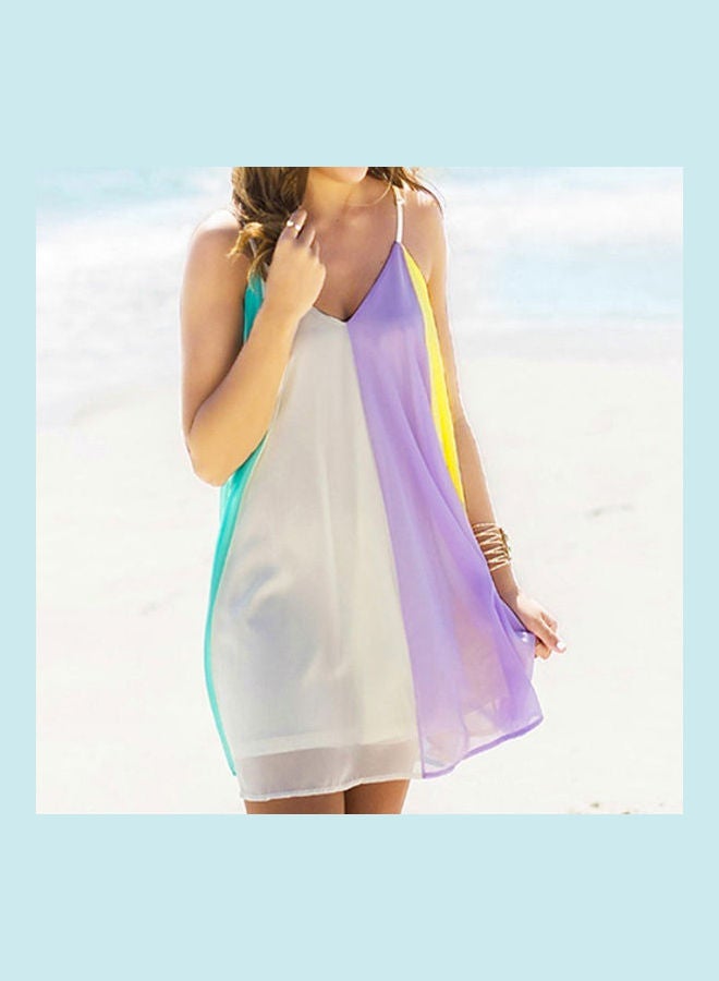 Boho Women Spaghetti Strap Backless Rainbow Color Block Summer Beach Mini Dress Multicolor - Image 4