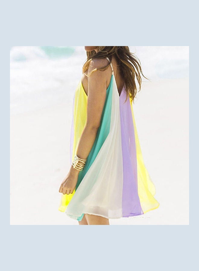 Boho Women Spaghetti Strap Backless Rainbow Color Block Summer Beach Mini Dress Multicolor - Image 5