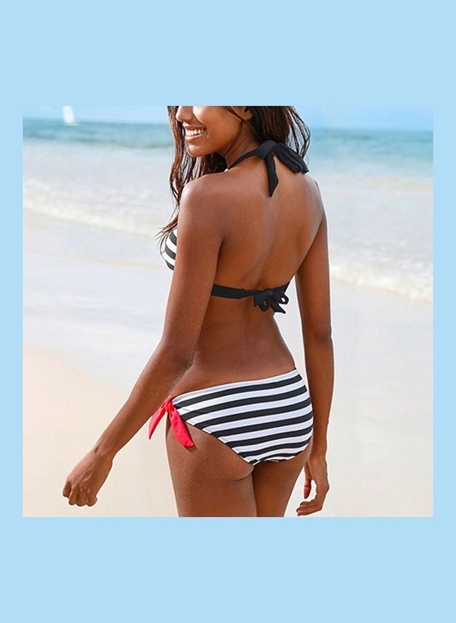 Generic - Women Summer Two Piece Swimwear Halter Top Plaid Stripe Bikini Set Swimsuit Black - Image 1