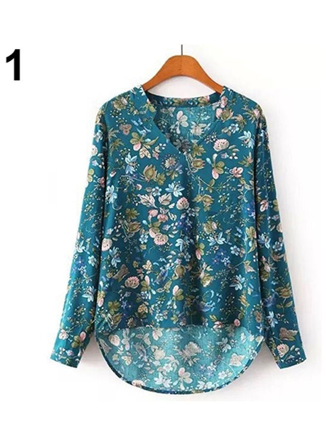 Women Casual Long Sleeve V-neck Floral Print Shirt Chiffon Blouse Irregular Top Blue  - Image 1