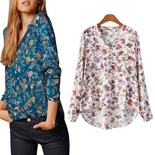 Women Casual Long Sleeve V-neck Floral Print Shirt Chiffon Blouse Irregular Top Blue  - Image 2