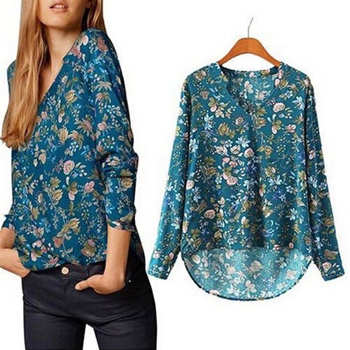 Women Casual Long Sleeve V-neck Floral Print Shirt Chiffon Blouse Irregular Top Blue  - Image 3