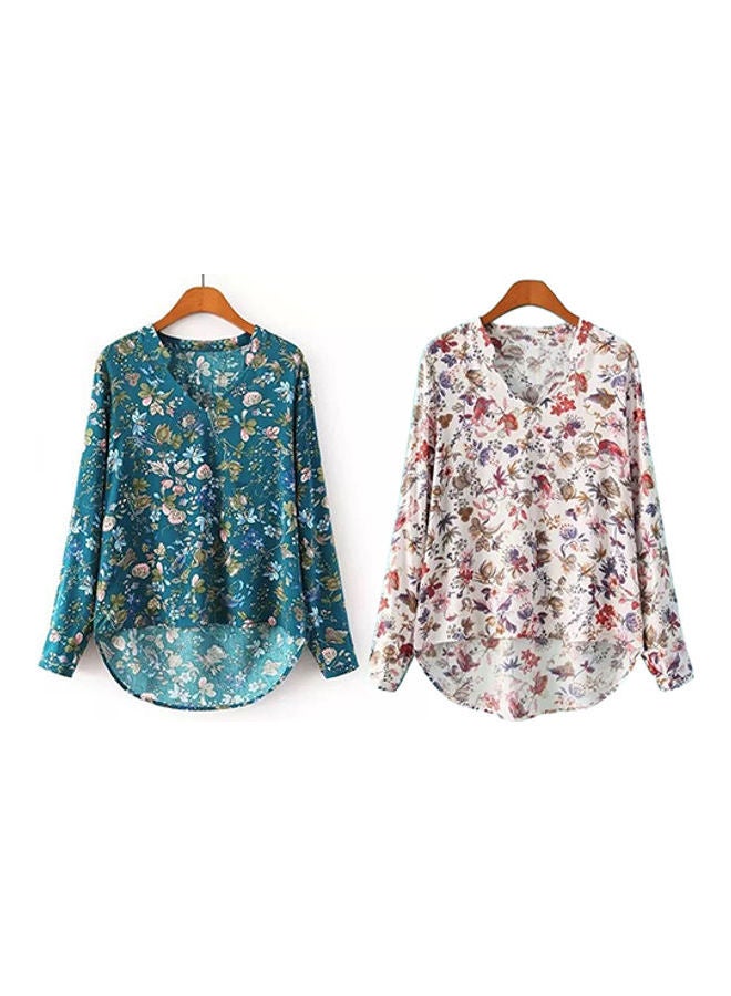 Women Casual Long Sleeve V-neck Floral Print Shirt Chiffon Blouse Irregular Top Blue  - Image 4