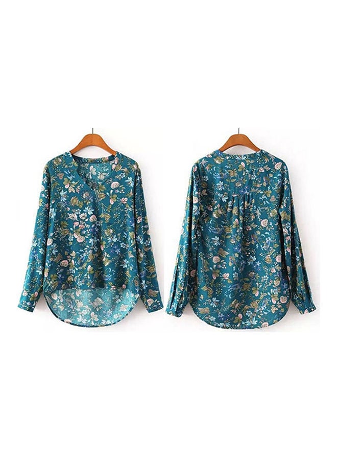 Women Casual Long Sleeve V-neck Floral Print Shirt Chiffon Blouse Irregular Top Blue  - Image 5