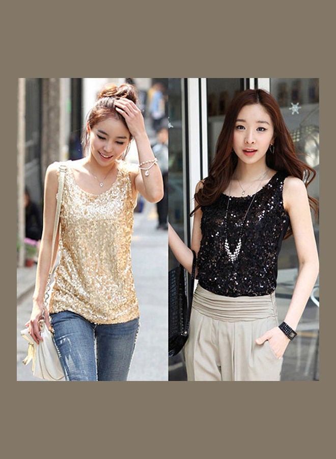 فيست صيفي عصري للنساء بدون أكمام بقصة ضيقة ورقبة دائرية مزين بترتر لامع ذهبي - Image 2