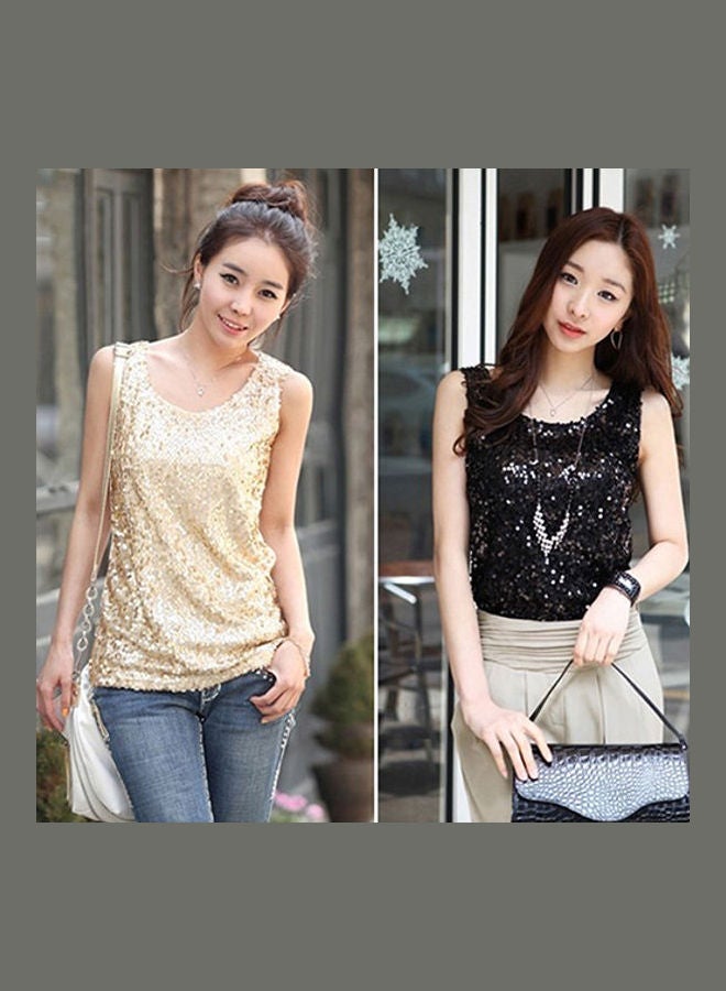 فيست صيفي عصري للنساء بدون أكمام بقصة ضيقة ورقبة دائرية مزين بترتر لامع ذهبي - Image 3